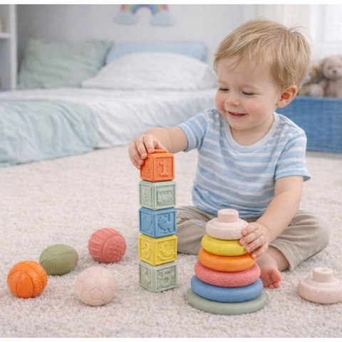Zestaw Miękkie Zabawki Sensoryczne Piłeczki Piramidka Klocki 18 el. LEAN Toys