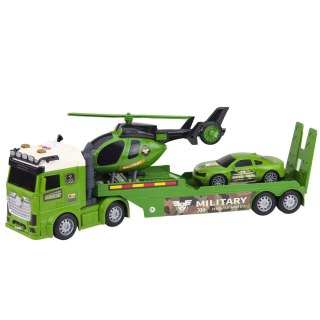 Zestaw Militarny Wojskowy Ciężarówka Laweta Auto Helikopter Światła Dźwięk LEAN Toys