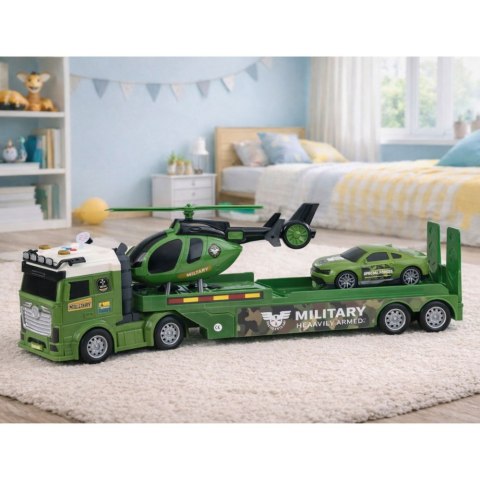 Zestaw Militarny Wojskowy Ciężarówka Laweta Auto Helikopter Światła Dźwięk LEAN Toys