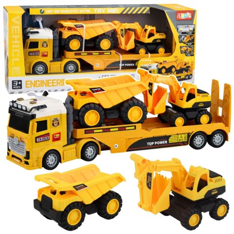 Zestaw Pojazdy Budowlane Ciężarówka Laweta Koparka Wywrotka Światła Dźwięk LEAN Toys