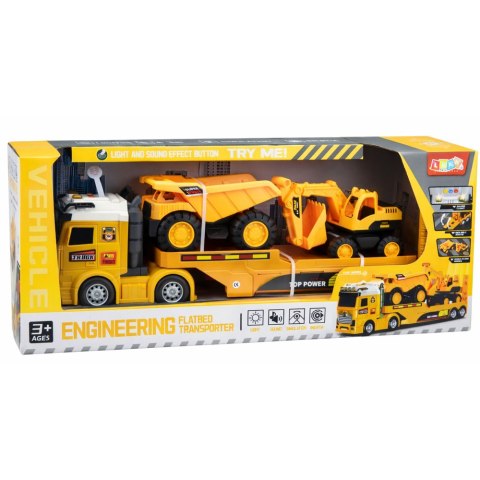 Zestaw Pojazdy Budowlane Ciężarówka Laweta Koparka Wywrotka Światła Dźwięk LEAN Toys