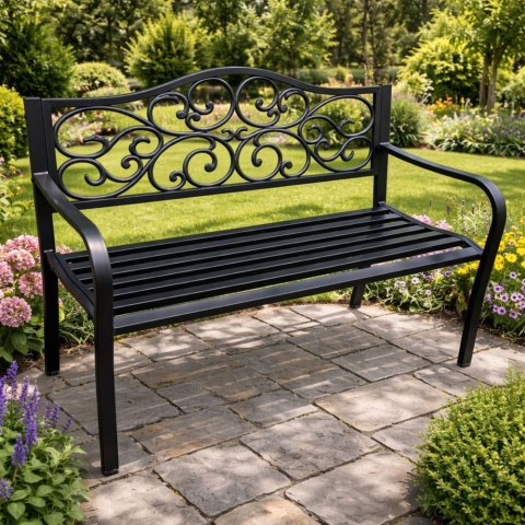 Ławka Ogrodowa Taras Ogród Park Metalowa Oparcie Zdobiona Czarna 127 cm LEAN