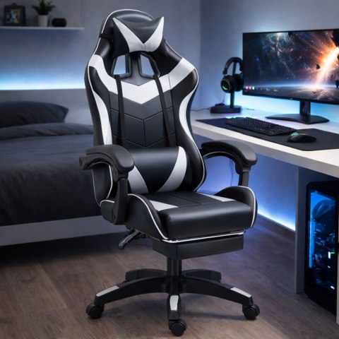 Fotel Gamingowy LEAN Obrotowy Biurowy Z Podnóżkiem Poduszki Czarno-Biały LEAN