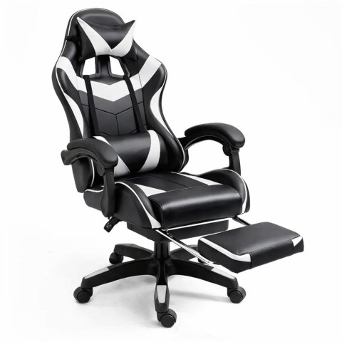 Fotel Gamingowy LEAN Obrotowy Biurowy Z Podnóżkiem Poduszki Czarno-Biały LEAN