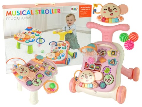 Interaktywny Pchacz, Chodzik Stolik 2w1 Różowy LEAN Toys
