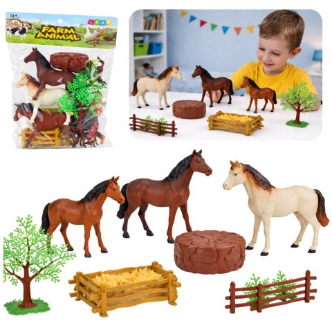 Zestaw Figurki Zwierzęta Domowe Farma Konie Duże Małe Drzewka Płot 23 el. LEAN TOYS