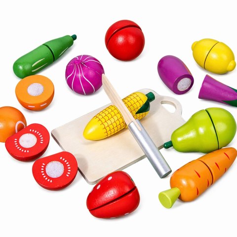 Drewniany Zestaw Owoców Warzyw Do Krojenia Deska Bezpieczny Nóż Wiadro 13el LEAN Toys