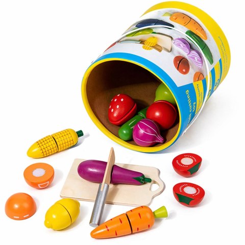 Drewniany Zestaw Owoców Warzyw Do Krojenia Deska Bezpieczny Nóż Wiadro 13el LEAN Toys