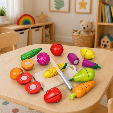 Drewniany Zestaw Owoców Warzyw Do Krojenia Deska Bezpieczny Nóż Wiadro 13el LEAN Toys