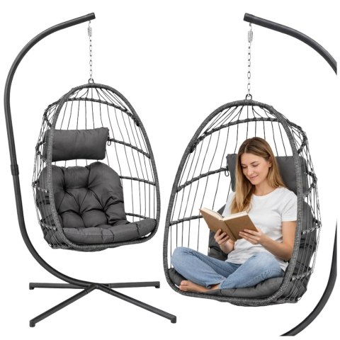 Fotel Wiszący Bujany Kokon Ogrodowy LEAN Poduszki Huśtawka Stelaż Szary LEAN