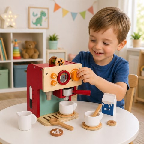 Zestaw Drewniany Ekspres Do Kawy Mały Barista Filiżanki Akcesoria LEAN Toys