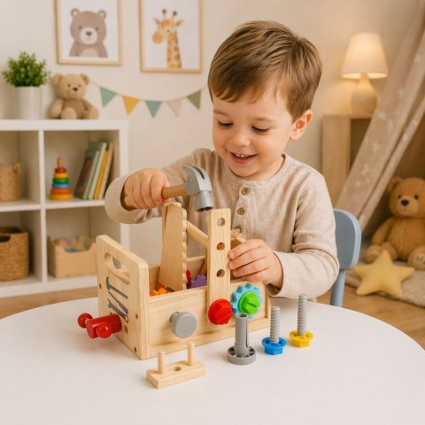 Drewniany Zestaw Skrzynka z Narzędziami Dla Dzieci Koła Zębate El Montażowe LEAN Toys