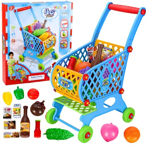 Duży Wózek Sklepowy Dla Dzieci Produkty Spożywcze Niebieski 52cm 46 el. LEAN Toys