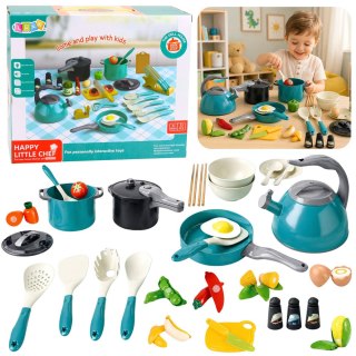Zestaw Małego Kucharza Garnki Kuchenne Naczynia Czajnik Turkusowe 33 El. LEAN Toys