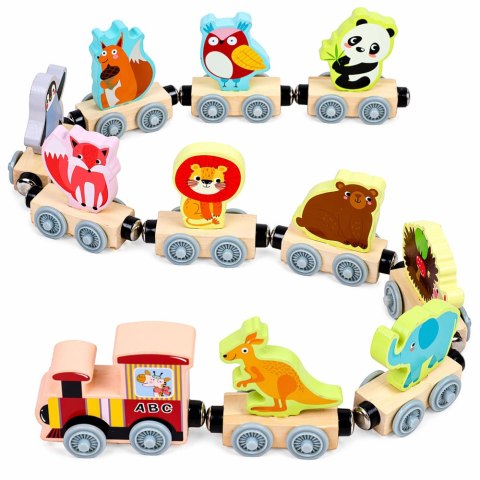 Pociąg Ze Zwierzętami Drewniany Magnetyczny Edukacyjny Lokomotywa Wagony LEAN Toys