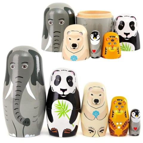 Zestaw Drewniane Lalki Matrioszki Układanka Figurki Dzikie Zwierzęta 5 szt. LEAN Toys