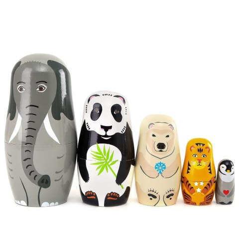 Zestaw Drewniane Lalki Matrioszki Układanka Figurki Dzikie Zwierzęta 5 szt. LEAN Toys