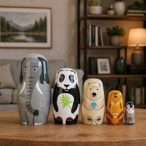 Zestaw Drewniane Lalki Matrioszki Układanka Figurki Dzikie Zwierzęta 5 szt. LEAN Toys