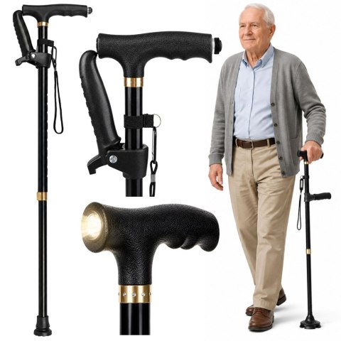 Laska Składana Regulowana Z Latarką LED Dla Seniora Czarna 80-100 cm LEAN