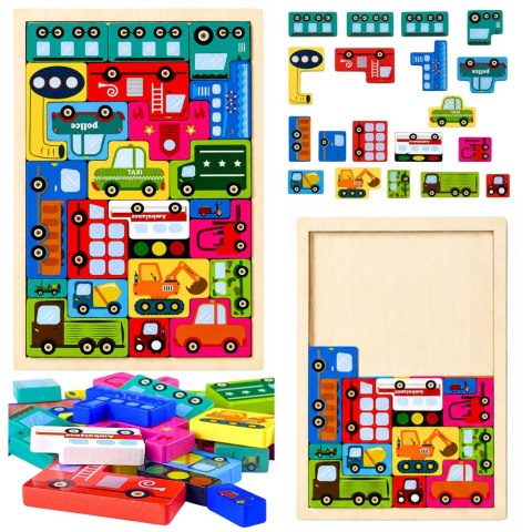 Drewniane Puzzle Łamigłówka Układanka Logiczna Pojazdy Kolorowe 23 el. LEAN Toys
