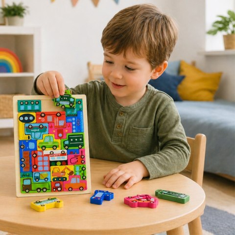 Drewniane Puzzle Łamigłówka Układanka Logiczna Pojazdy Kolorowe 23 el. LEAN Toys