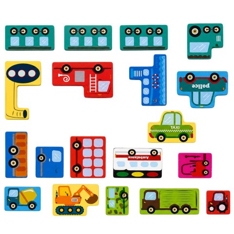 Drewniane Puzzle Łamigłówka Układanka Logiczna Pojazdy Kolorowe 23 el. LEAN Toys
