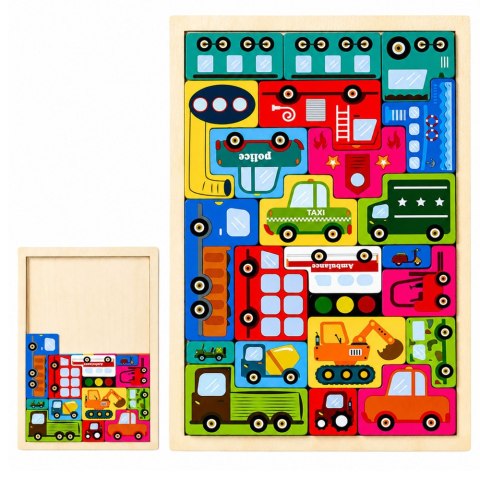 Drewniane Puzzle Łamigłówka Układanka Logiczna Pojazdy Kolorowe 23 el. LEAN Toys