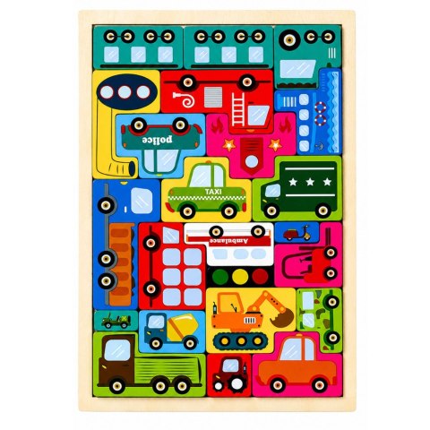 Drewniane Puzzle Łamigłówka Układanka Logiczna Pojazdy Kolorowe 23 el. LEAN Toys