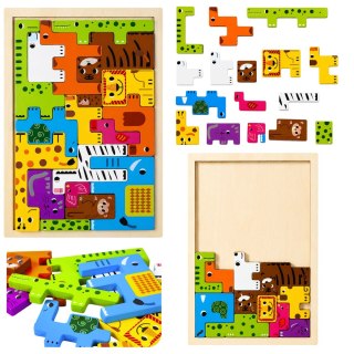 Drewniane Puzzle Łamigłówka Układanka Logiczna Zwierzęta Kolorowe 20 el. LEAN Toys
