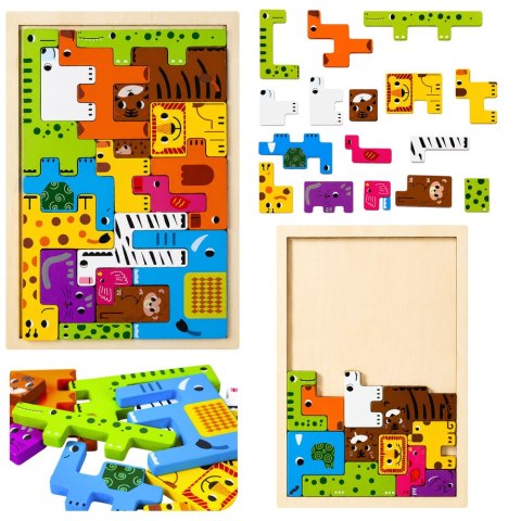 Drewniane Puzzle Łamigłówka Układanka Logiczna Zwierzęta Kolorowe 20 el. LEAN Toys