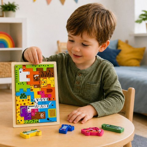 Drewniane Puzzle Łamigłówka Układanka Logiczna Zwierzęta Kolorowe 20 el. LEAN Toys