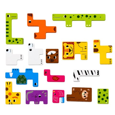 Drewniane Puzzle Łamigłówka Układanka Logiczna Zwierzęta Kolorowe 20 el. LEAN Toys
