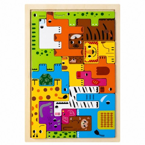 Drewniane Puzzle Łamigłówka Układanka Logiczna Zwierzęta Kolorowe 20 el. LEAN Toys