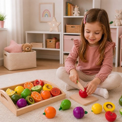 Zestaw Drewniane Owoce Do Krojenia Magnetyczne Bezpieczny Nóż Deska LEAN Toys