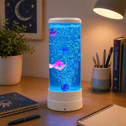 Lampka Nocna Ozdobna LED RGB Akwarium Z Rybkami 16 Kolorów USB Biała LEAN