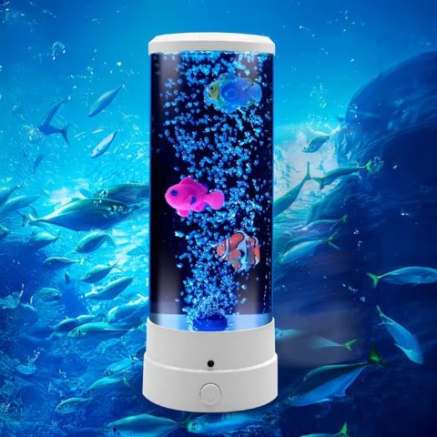 Lampka Nocna Ozdobna LED RGB Akwarium Z Rybkami 16 Kolorów USB Biała LEAN