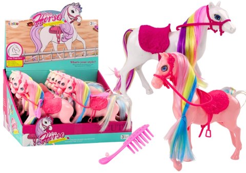 Figurka Koń Z Kolorową Grzywą Różowe Siodło Szczotka Farma Biały Różowy LEAN Toys