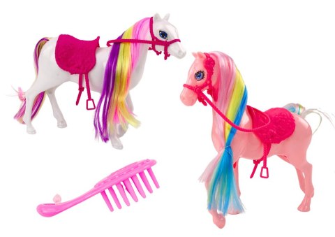 Figurka Koń Z Kolorową Grzywą Różowe Siodło Szczotka Farma Biały Różowy LEAN Toys