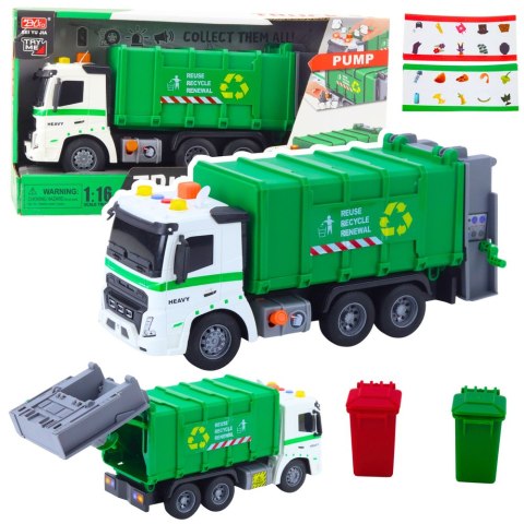 Ciężarówka Śmieciarka Pojemnik Na Śmieci Światła Dźwięki Zielona 1:16 LEAN Toys