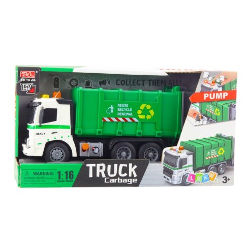 Ciężarówka Śmieciarka Pojemnik Na Śmieci Światła Dźwięki Zielona 1:16 LEAN Toys