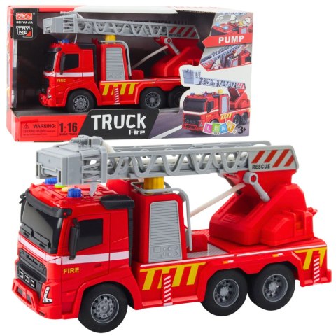 Wóz Strażacki Straż Pożarna Drabina Światła Dźwięki Rozpylanie Wody 1:16 LEAN Toys