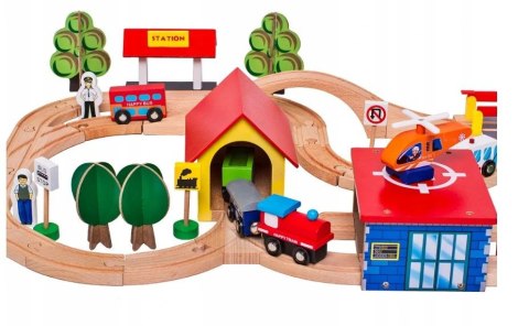 Drewniany Tor Kolejka Autka Drzewa Budynki Helikopter LEAN Toys